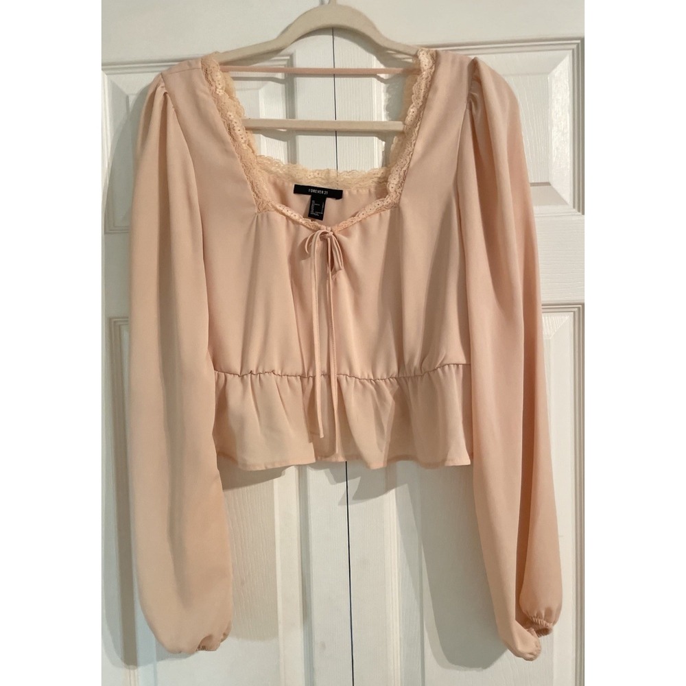 forever‎ 21 boho peasant Cropped Nude Peach Pink Blouse Top Size L Y2K Lace Trim